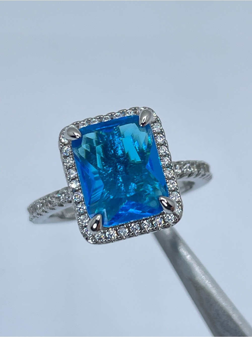 Silver Bright Blue Topaz CZ Halo Radiant Cut Statement Ring Bridal Stunning